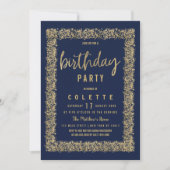 ネイビーシンプルブルー金ゴールド紙吹雪誕生会 招待状 (正面)