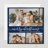 ネイビーシンプルホワイト3フォトコラージクリスマス シーズンカード (正面/裏面)