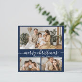 ネイビーシンプルホワイト3フォトコラージクリスマス シーズンカード (スタンド正面)
