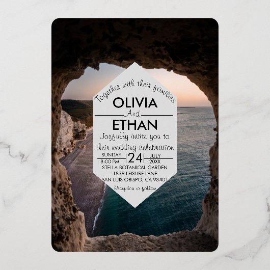 ネイビーシースケープビーチサマー結婚ズ 箔招待状 (正面)
