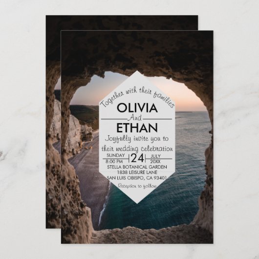 ネイビーシースケープビーチシーサイドサマー結婚ズ 招待状 (正面/裏面)