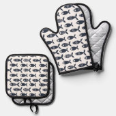 ネイビーシーフィッシュ海ビーチハウススカンジナビア 鍋つかみ&鍋敷きセット (正面/裏面)