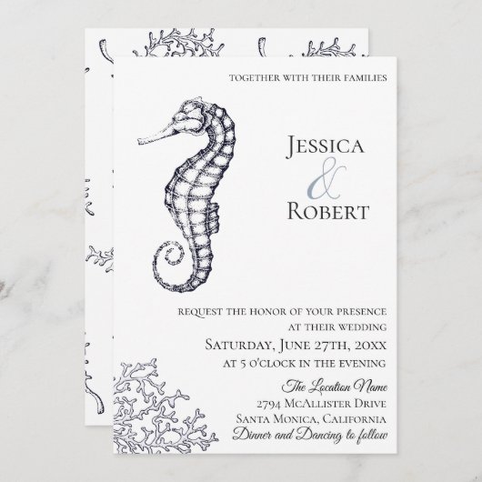 ネイビーシー航海のホース結婚式招待状 招待状 (正面/裏面)