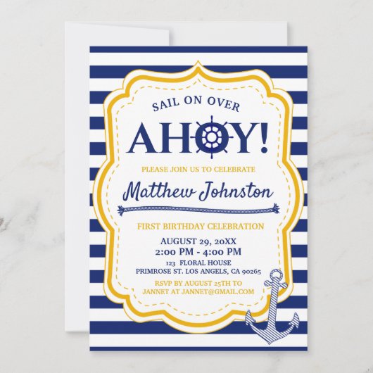 ネイビーシ航海のップ男の赤ちゃんストライプいかり誕生日 招待状 (正面)