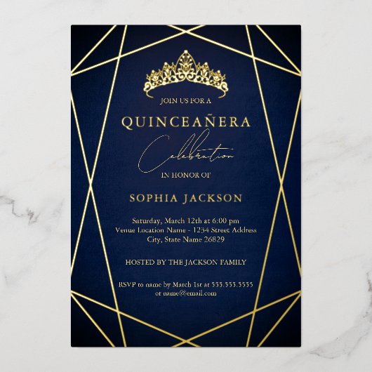 ネイビージオメトリック金ゴールドエレガントキンセアニェラ 箔招待状 (正面)