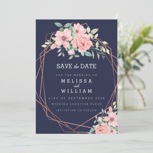 ネイビージオメトリック銅フローラ水結婚色 セーブザデート (スタンド正面)