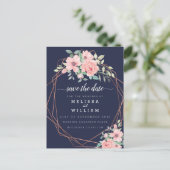 ネイビージオメトリック銅フローラ結婚式の日付を保存 案内ポストカード (スタンド正面)