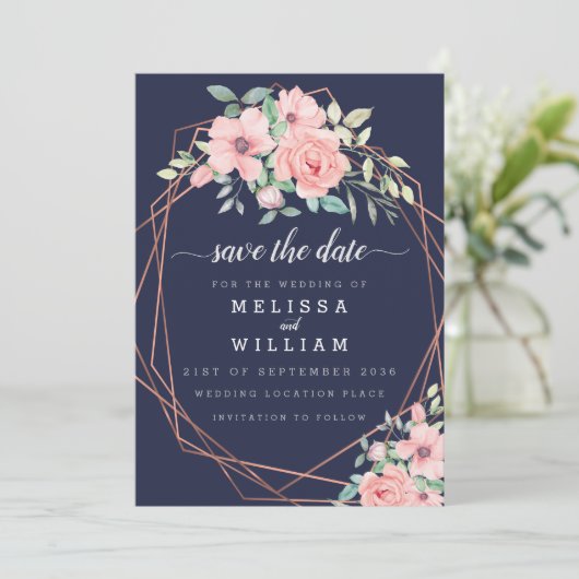 ネイビージオメトリック銅水カラー結婚フローラ セーブザデート (スタンド正面)