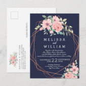 ネイビージオメトリック銅結婚フローラ インビテーションポストカード (正面/裏面)