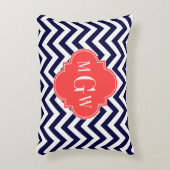 ネイビージャンシェブロンコーラルレッドクローバー3モノグラム アクセントクッション (正面(垂直))