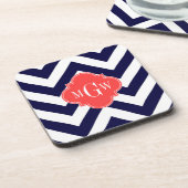 ネイビージャンシェブロンコーラルレッドクローバー3モノグラム コースター (左側)