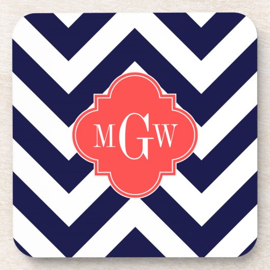 ネイビージャンシェブロンコーラルレッドクローバー3モノグラム コースター (正面)