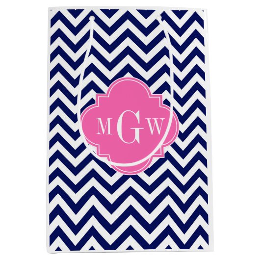 ネイビージャンシェブロンホットピンク#2クローバー3モノグラム ミディアムペーパーバッグ (正面)