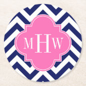 ネイビージャンシェブロンホットピンク#2クローバー3モノグラム ラウンドペーパーコースター (正面)