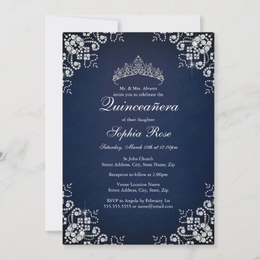 ネイビージュエルのティアラバタフライQuinceanera 招待状 (正面)