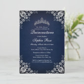 ネイビージュエルのティアラバタフライQuinceanera 招待状 (スタンド正面)
