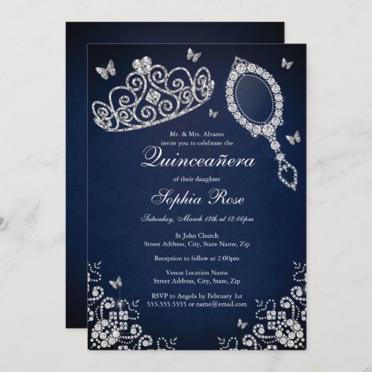 ネイビージュエルティアラ鏡バタフライキンセアニェラ 招待状 (正面/裏面)