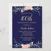 ネイビースウィートフローラスパークル紙吹雪100誕生日 招待状 (正面)