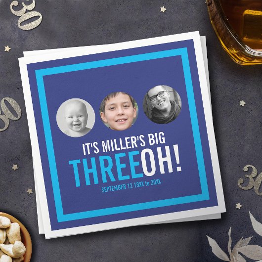 ネイビースカイブルー30th Three OH！写真誕生日 スタンダードカクテルナプキン