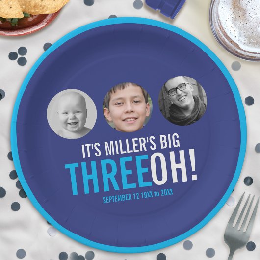 ネイビースカイブルー30th Three OH!写真誕生日 ペーパープレート