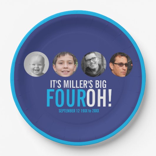 ネイビースカイブルー40th Four OH!フォトバースデーパーティー ペーパープレート (正面)