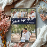 ネイビースクリプト4結婚写真救のOur Date 案内ポストカード<br><div class="desc">結婚式は日付はがきを保存する独自の写真の4つ、3つの小さいと1つ大きいパーソナライズすることができる。日救付は葉書の斜め向こうにネイビー・ブルーの背景に白い文字で書かれている。名前と日付を結婚クリーンなフォントに追加する。</div>