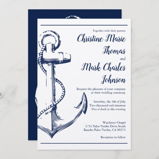 ネイビースケ航海のッチいかりスクリプトフォント結婚ズ 招待状 (正面/裏面)