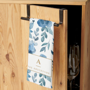 ネイビースタイリッシュブルーウォーターカラーフラワーズモノグラム キッチンタオル