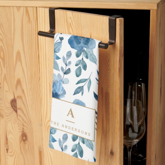 ネイビースタイリッシュブルーウォーターカラーフラワーズモノグラム キッチンタオル (三つ折り)