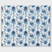 ネイビースタイリッシュブルーウォーターカラーフラワーパターン ラッピングペーパー (フラット)