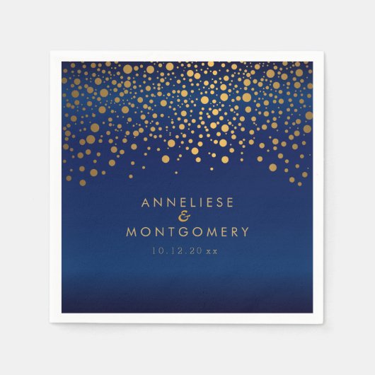 ネイビースタイリッシュブルーサテンの金ゴールド紙吹雪ドット スタンダードカクテルナプキン (正面)