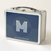 ネイビースタイリッシュブルージオメトリックモダンモノグラム メタルランチボックス (正面)