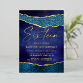 ネイビースタイリッシュブルージオード瑪瑙16誕生日実在 箔招待状 (立ち正面)