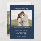 ネイビースタイリッシュブルースクリプ結婚ト 招待状 (正面/裏面)