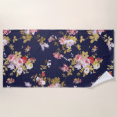 ネイビースタイリッシュブルーピンク金ゴールドボーホフローラ ビーチタオル (正面)