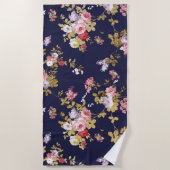 ネイビースタイリッシュブルーピンク金ゴールドボーホフローラ ビーチタオル (正面)