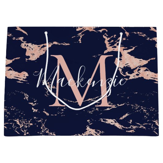 ネイビースタイリッシュブルーマーブルバラゴールドフォイルモノグラム ラージペーパーバッグ (正面)