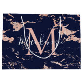 ネイビースタイリッシュブルーマーブルバラゴールドフォイルモノグラム ラージペーパーバッグ (裏面)