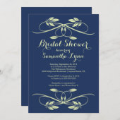ネイビースタイリッシュブルーリーフフローリッシュブライダルシャワー 招待状 (正面/裏面)