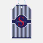 ネイビースタイリッシュブルーレッドストライプのイニシャルモノグラム ギフトタグ (正面)