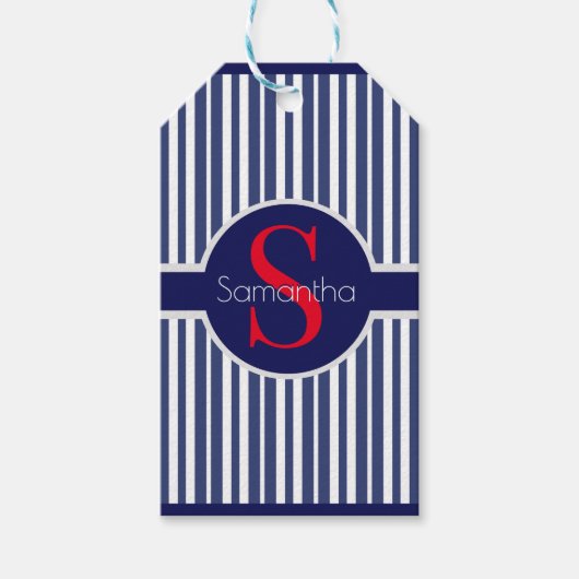 ネイビースタイリッシュブルーレッドストライプのイニシャルモノグラム ギフトタグ (正面)