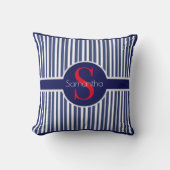 ネイビースタイリッシュブルーレッドストライプのイニシャルモノグラム クッション (正面)