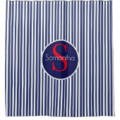 ネイビースタイリッシュブルーレッドストライプのイニシャルモノグラム シャワーカーテン (正面)