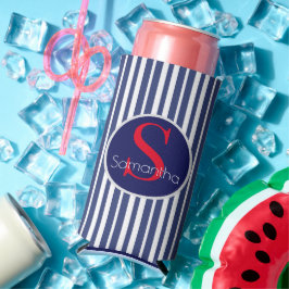 ネイビースタイリッシュブルーレッドストライプのイニシャルモノグラム スリム缶クーラー