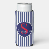 ネイビースタイリッシュブルーレッドストライプのイニシャルモノグラム スリム缶クーラー (Seltzer正面)