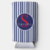 ネイビースタイリッシュブルーレッドストライプのイニシャルモノグラム スリム缶クーラー (裏面)
