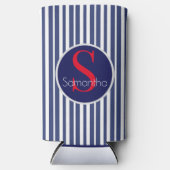 ネイビースタイリッシュブルーレッドストライプのイニシャルモノグラム スリム缶クーラー (正面)