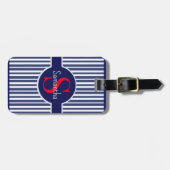 ネイビースタイリッシュブルーレッドストライプのイニシャルモノグラム ラゲッジタグ (正面横)