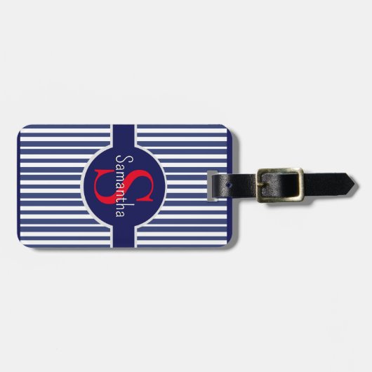 ネイビースタイリッシュブルーレッドストライプのイニシャルモノグラム ラゲッジタグ (正面横)