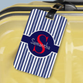 ネイビースタイリッシュブルーレッドストライプのイニシャルモノグラム ラゲッジタグ